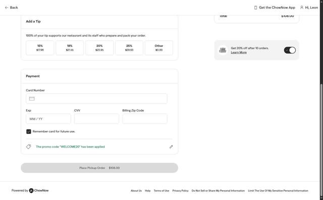 ChowNow checkout page showing ChowNow promo code box | Screenshot taken by SimplyCodes community member on Sep 5, 2025