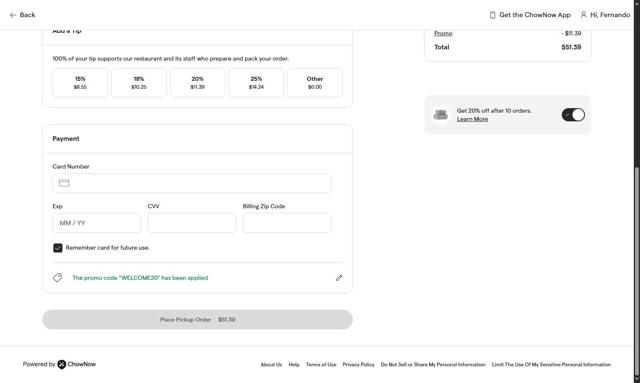 ChowNow checkout page showing ChowNow promo code box | Screenshot taken by SimplyCodes community member on Aug 26, 2025