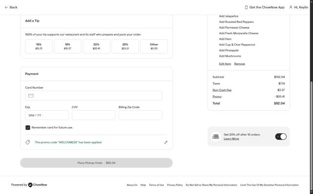 ChowNow checkout page showing ChowNow promo code box | Screenshot taken by SimplyCodes community member on Aug 29, 2025