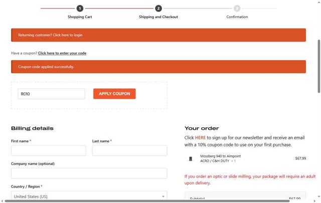 C&H Precision Weapons checkout page showing C&H Precision Weapons promo code box | Screenshot taken by SimplyCodes community member on Jul 20, 2025