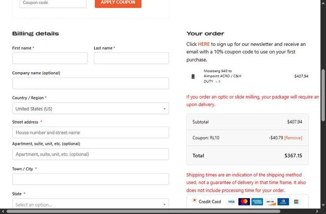 C&H Precision Weapons checkout page showing C&H Precision Weapons promo code box | Screenshot taken by SimplyCodes community member on Aug 18, 2025