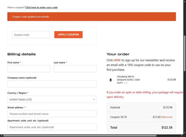 C&H Precision Weapons checkout page showing C&H Precision Weapons promo code box | Screenshot taken by SimplyCodes community member on Aug 18, 2025