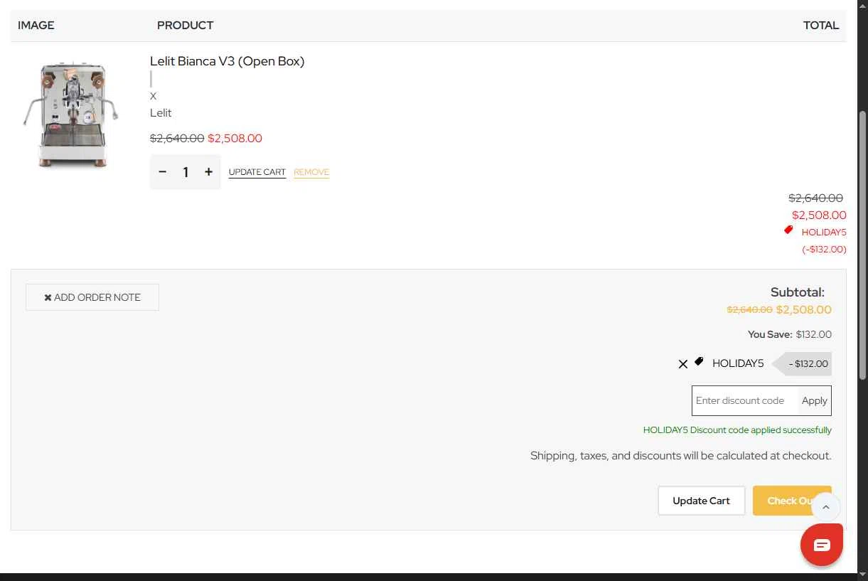 Chris' Coffee checkout page showing Chris' Coffee discount code box | Screenshot taken by SimplyCodes community member on Dec 27, 2025