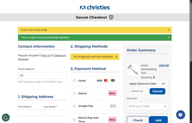 Christies Direct checkout page showing Christies Direct discount code box | Screenshot taken by SimplyCodes community member on Aug 18, 2025