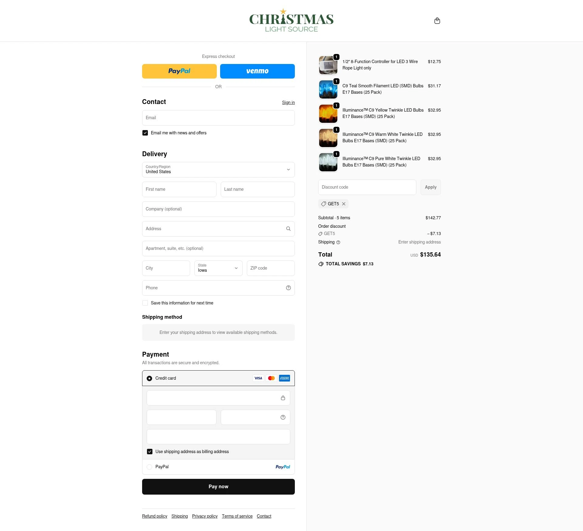 Christmas Light Source checkout page showing Christmas Light Source promo code box | Screenshot taken by SimplyCodes community member on Dec 9, 2025