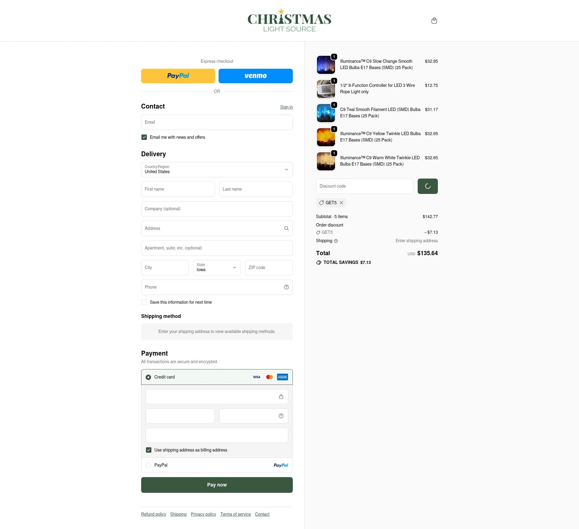 Christmas Light Source checkout page showing Christmas Light Source promo code box | Screenshot taken by SimplyCodes community member on Jan 11, 2026