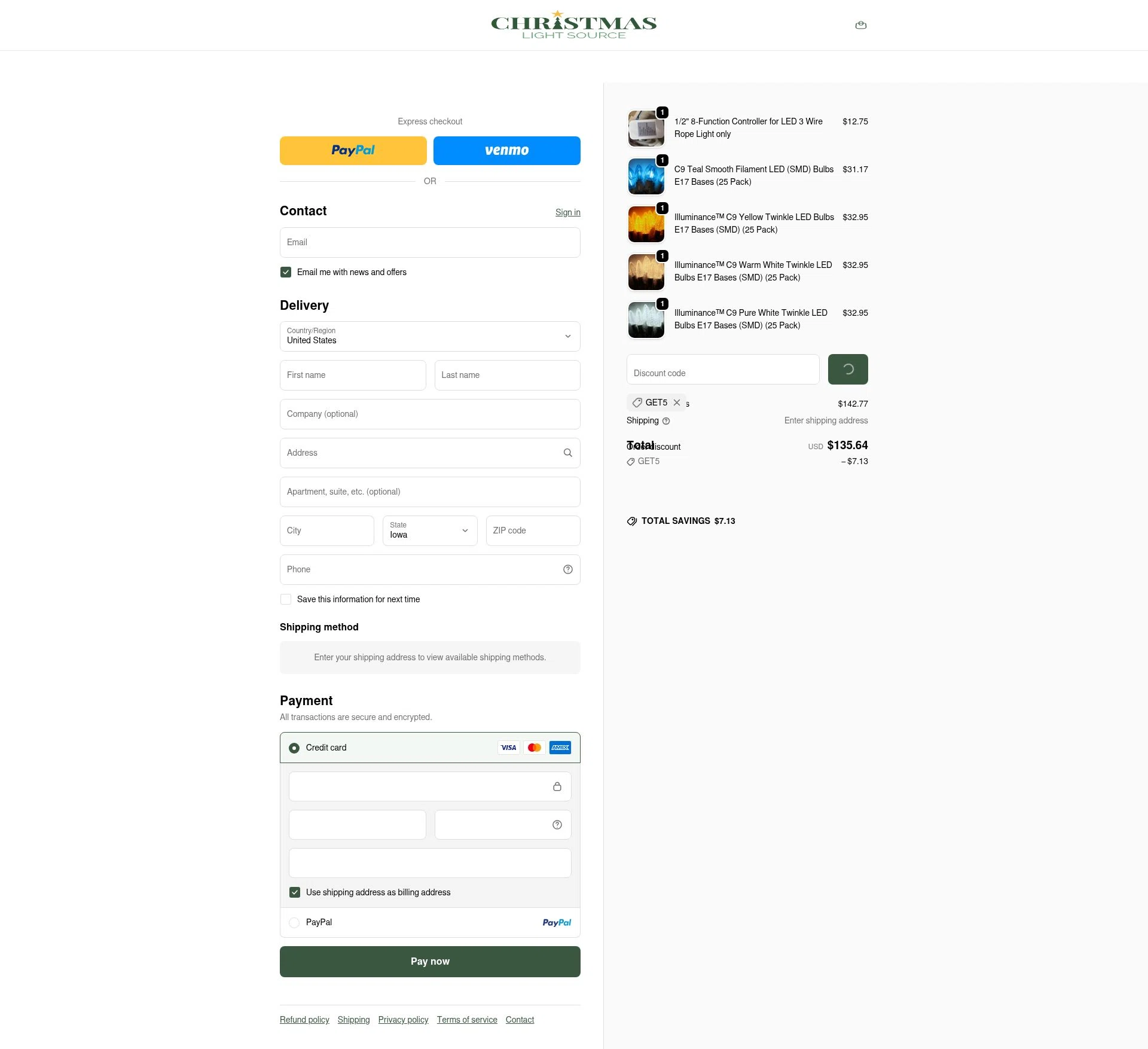 Christmas Light Source checkout page showing Christmas Light Source promo code box | Screenshot taken by SimplyCodes community member on Dec 27, 2025