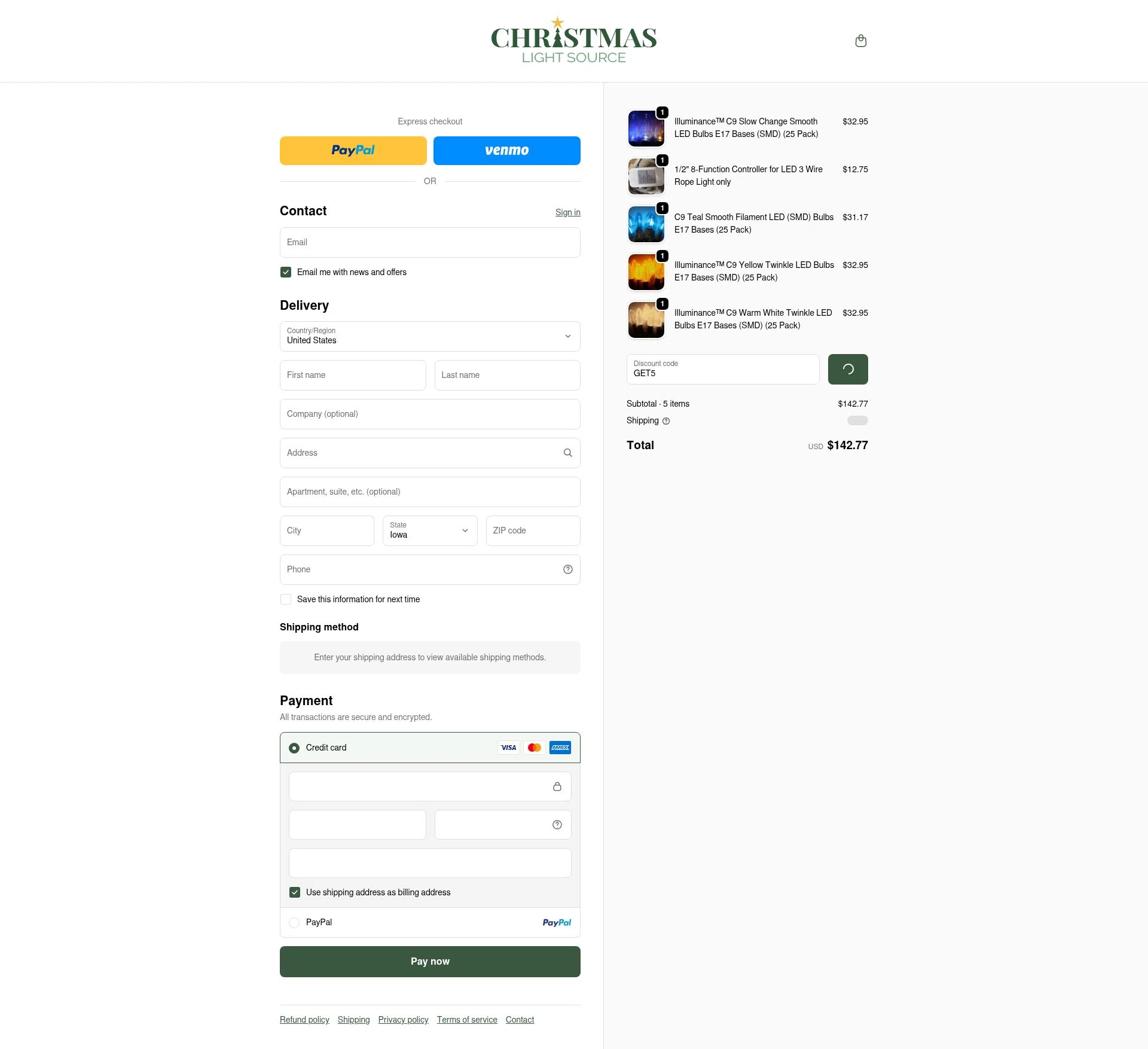 Christmas Light Source checkout page showing Christmas Light Source promo code box | Screenshot taken by SimplyCodes community member on Jan 1, 2026