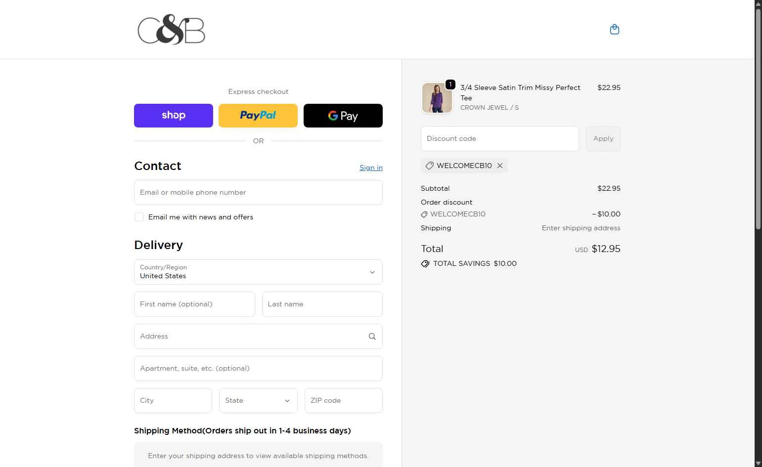 Christopher & Banks checkout page showing Christopher & Banks promo code box | Screenshot taken by SimplyCodes community member on Dec 22, 2025