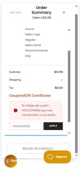 WELCOME20 coupon verification screenshot