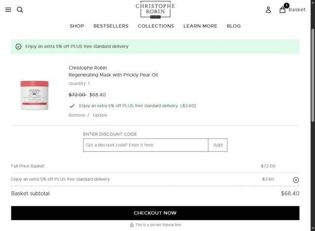 Christophe Robin checkout page showing Christophe Robin coupon code box | Screenshot taken by SimplyCodes community member on Sep 12, 2025