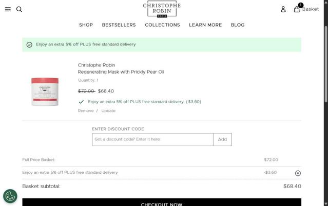 Christophe Robin checkout page showing Christophe Robin coupon code box | Screenshot taken by SimplyCodes community member on Sep 12, 2025