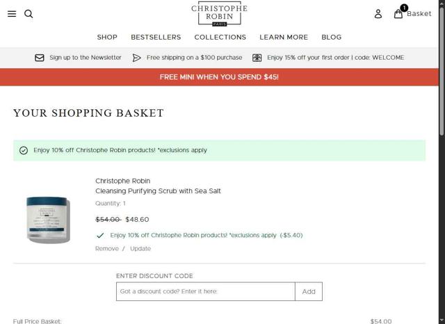 Christophe Robin checkout page showing Christophe Robin coupon code box | Screenshot taken by SimplyCodes community member on Sep 10, 2025