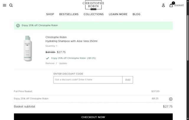 Christophe Robin checkout page showing Christophe Robin coupon code box | Screenshot taken by SimplyCodes community member on Sep 1, 2025