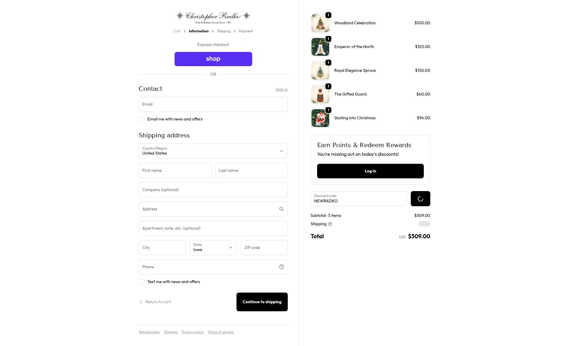 Christopher Radko checkout page showing Christopher Radko discount code box | Screenshot taken by SimplyCodes community member on Feb 5, 2026
