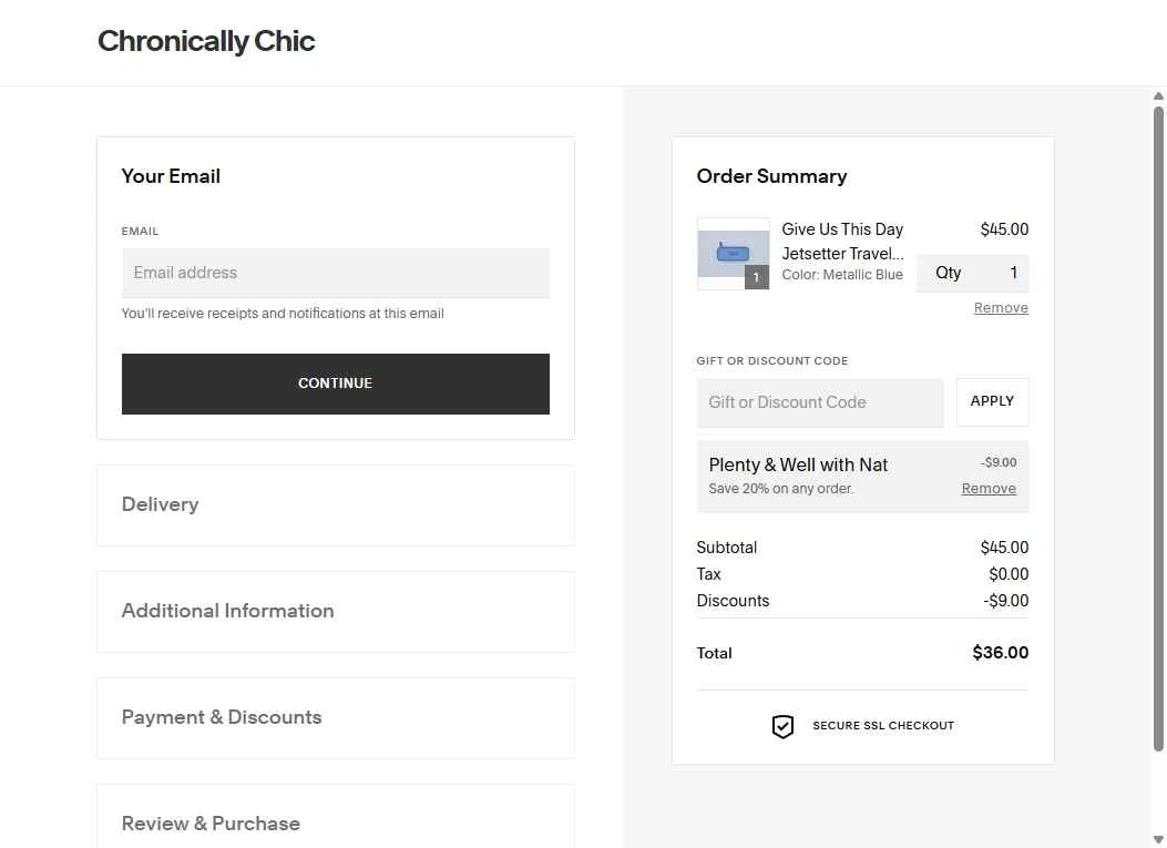 Chronically Chic checkout page showing Chronically Chic promo code box | Screenshot taken by SimplyCodes community member on Oct 10, 2025