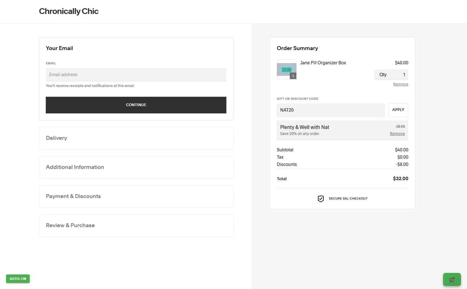 Chronically Chic checkout page showing Chronically Chic promo code box | Screenshot taken by SimplyCodes community member on Dec 7, 2025