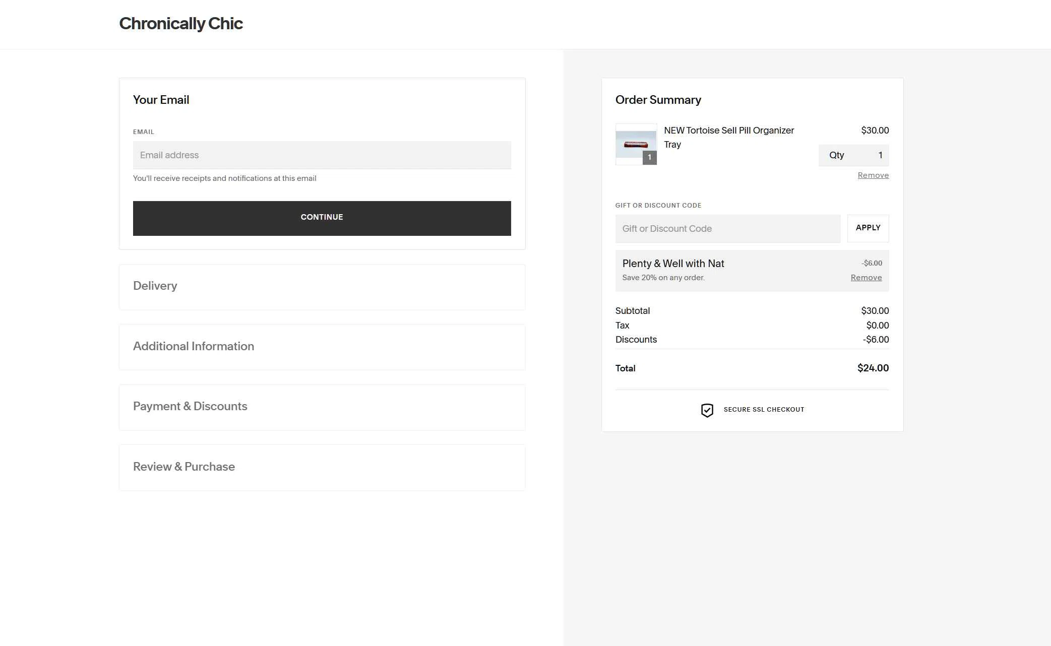 Chronically Chic checkout page showing Chronically Chic promo code box | Screenshot taken by SimplyCodes community member on Nov 8, 2025