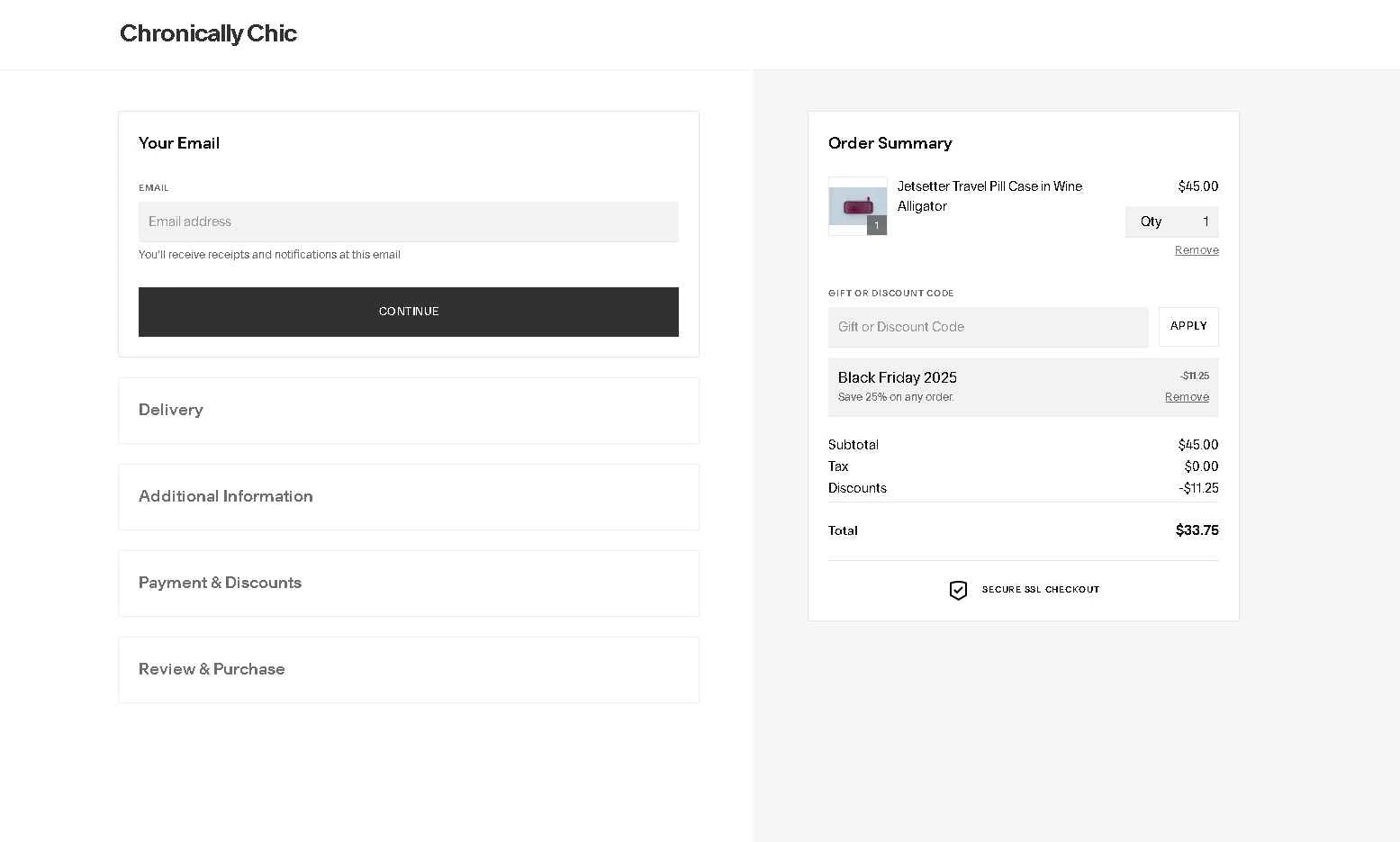 Chronically Chic checkout page showing Chronically Chic promo code box | Screenshot taken by SimplyCodes community member on Nov 15, 2025