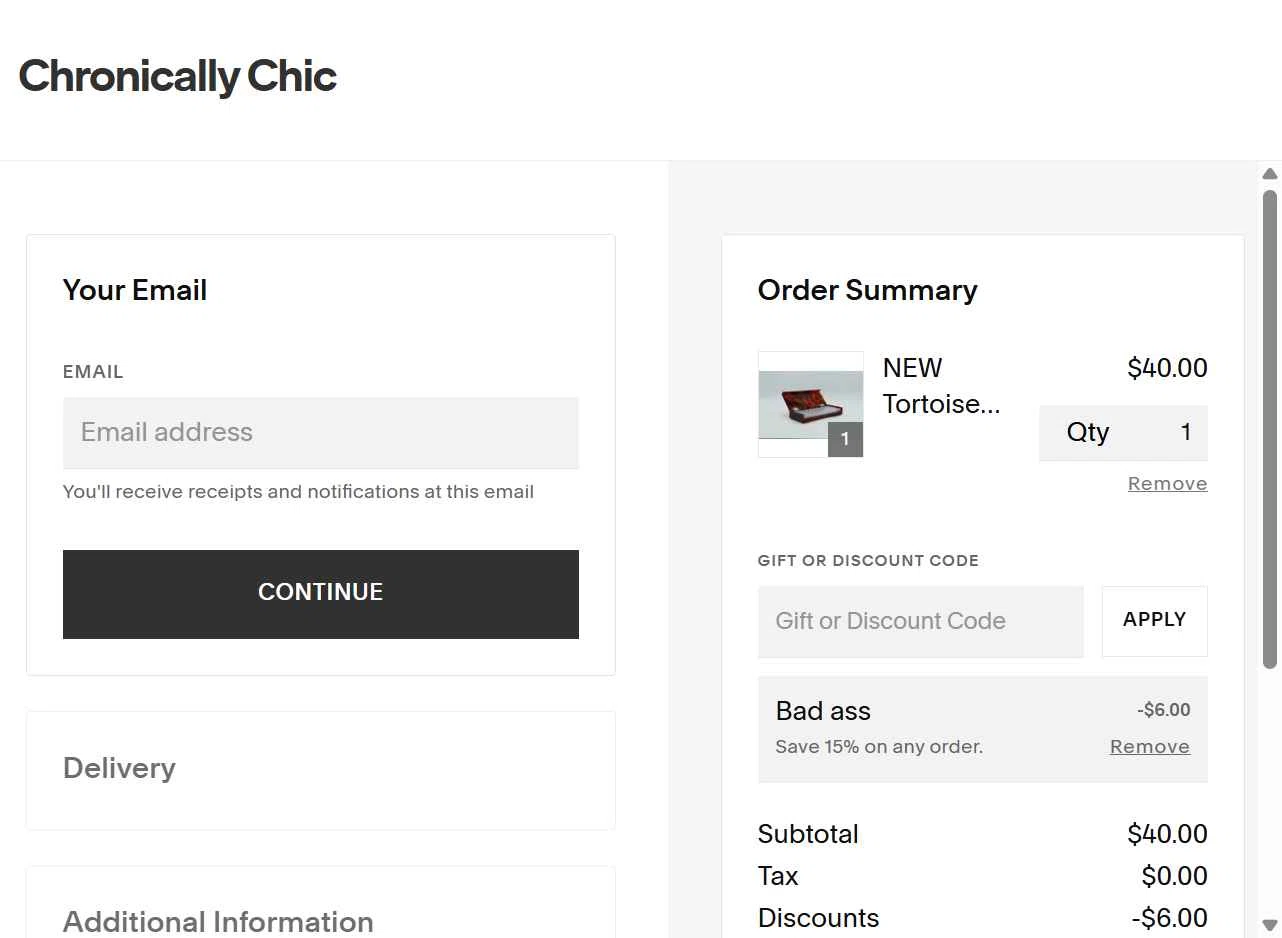 Chronically Chic checkout page showing Chronically Chic promo code box | Screenshot taken by SimplyCodes community member on Jan 5, 2026
