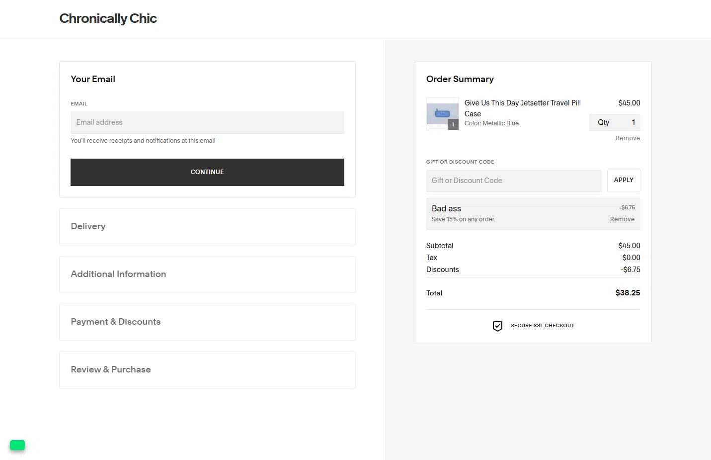 Chronically Chic checkout page showing Chronically Chic promo code box | Screenshot taken by SimplyCodes community member on Oct 10, 2025