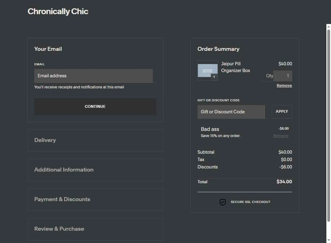Chronically Chic checkout page showing Chronically Chic promo code box | Screenshot taken by SimplyCodes community member on Nov 8, 2025