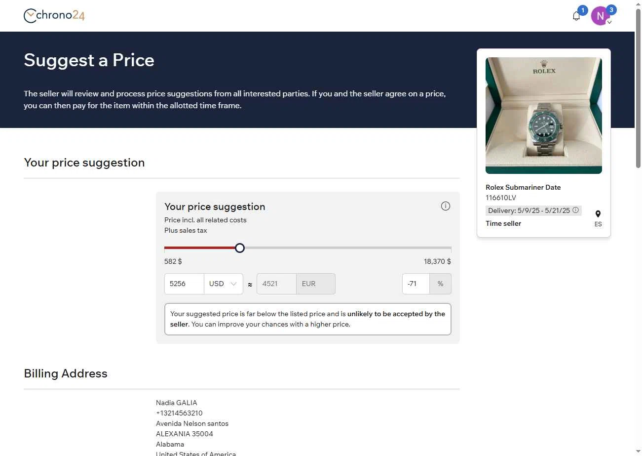 Chrono24 checkout page showing Chrono24 promo code box | Screenshot taken by SimplyCodes community member on May 6, 2025
