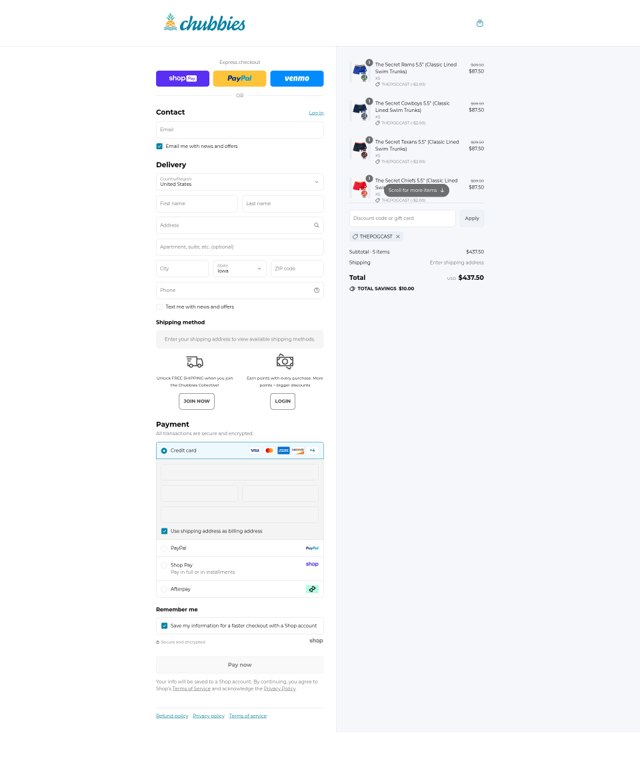 Chubbies Shorts checkout page showing Chubbies Shorts promo code box | Screenshot taken by SimplyCodes community member on Aug 27, 2025