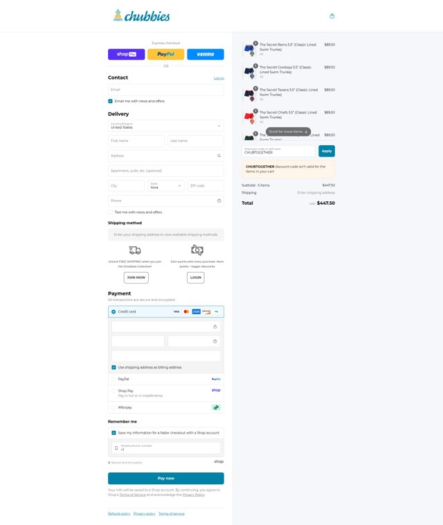 Chubbies Shorts checkout page showing Chubbies Shorts promo code box | Screenshot taken by SimplyCodes community member on Aug 27, 2025