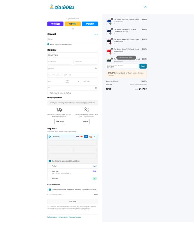 Chubbies Shorts checkout page showing Chubbies Shorts promo code box | Screenshot taken by SimplyCodes community member on Aug 27, 2025