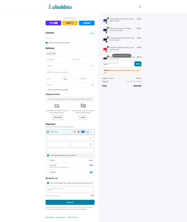 Chubbies Shorts checkout page showing Chubbies Shorts promo code box | Screenshot taken by SimplyCodes community member on Aug 27, 2025