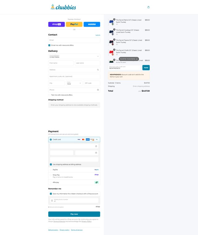Chubbies Shorts checkout page showing Chubbies Shorts promo code box | Screenshot taken by SimplyCodes community member on Aug 27, 2025