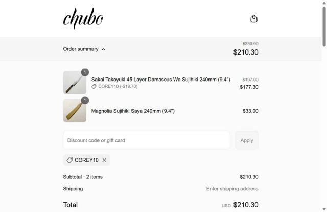 Chubo checkout page showing Chubo discount code box | Screenshot taken by SimplyCodes community member on Sep 8, 2025