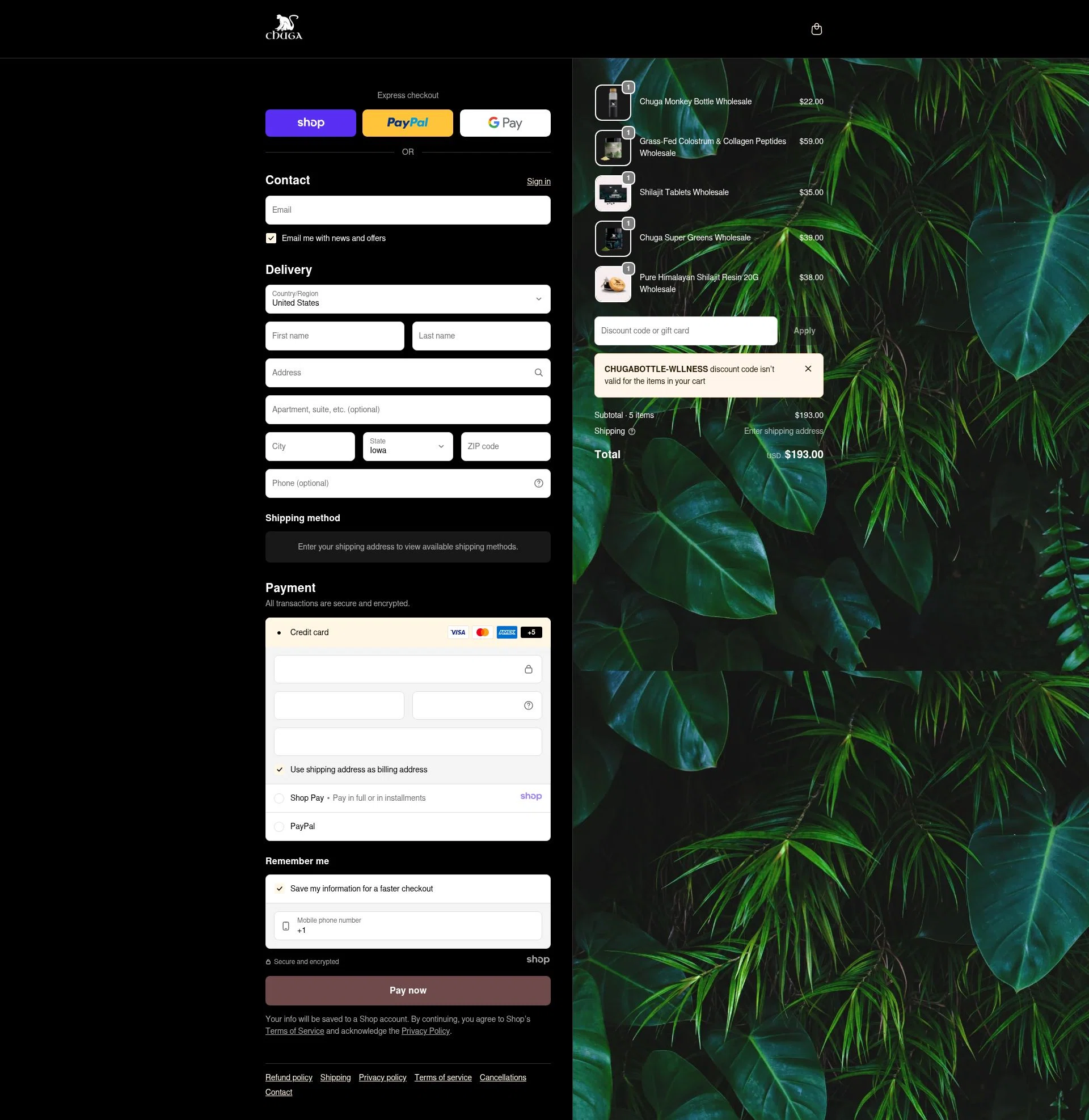 Chuga Shilajit checkout page showing Chuga Shilajit discount code box | Screenshot taken by SimplyCodes community member on Jan 8, 2026