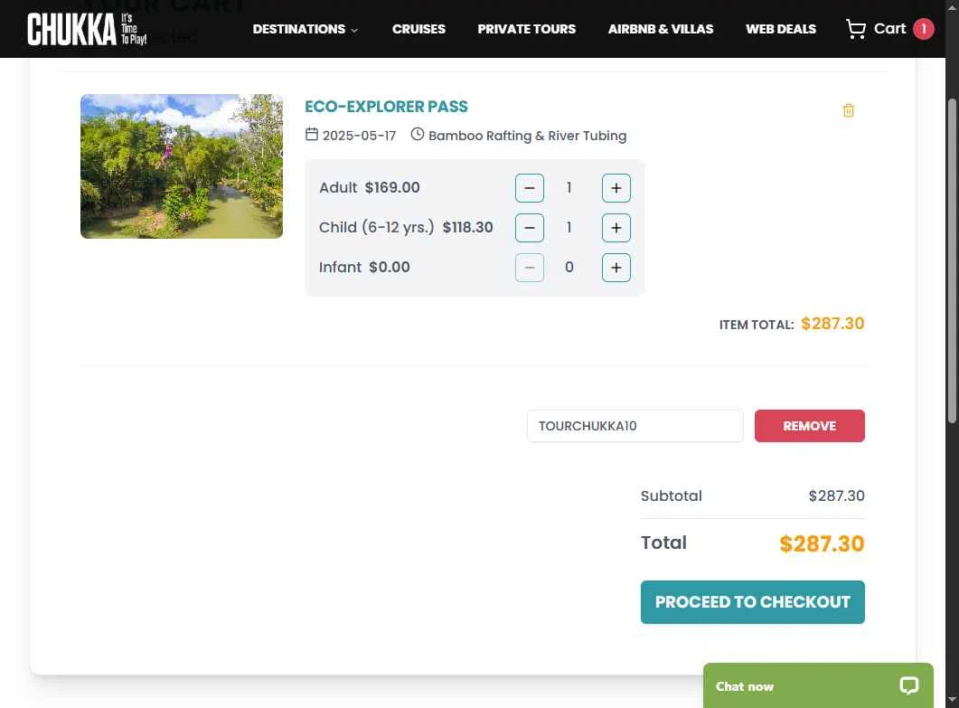Chukka Adventure Tours checkout page showing Chukka Adventure Tours promo code box | Screenshot taken by SimplyCodes community member on May 5, 2025