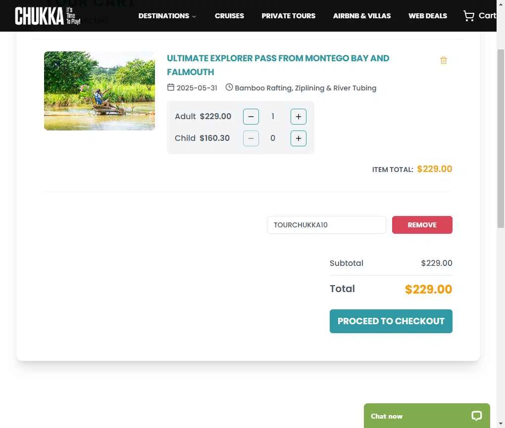 Chukka Adventure Tours checkout page showing Chukka Adventure Tours promo code box | Screenshot taken by SimplyCodes community member on May 5, 2025