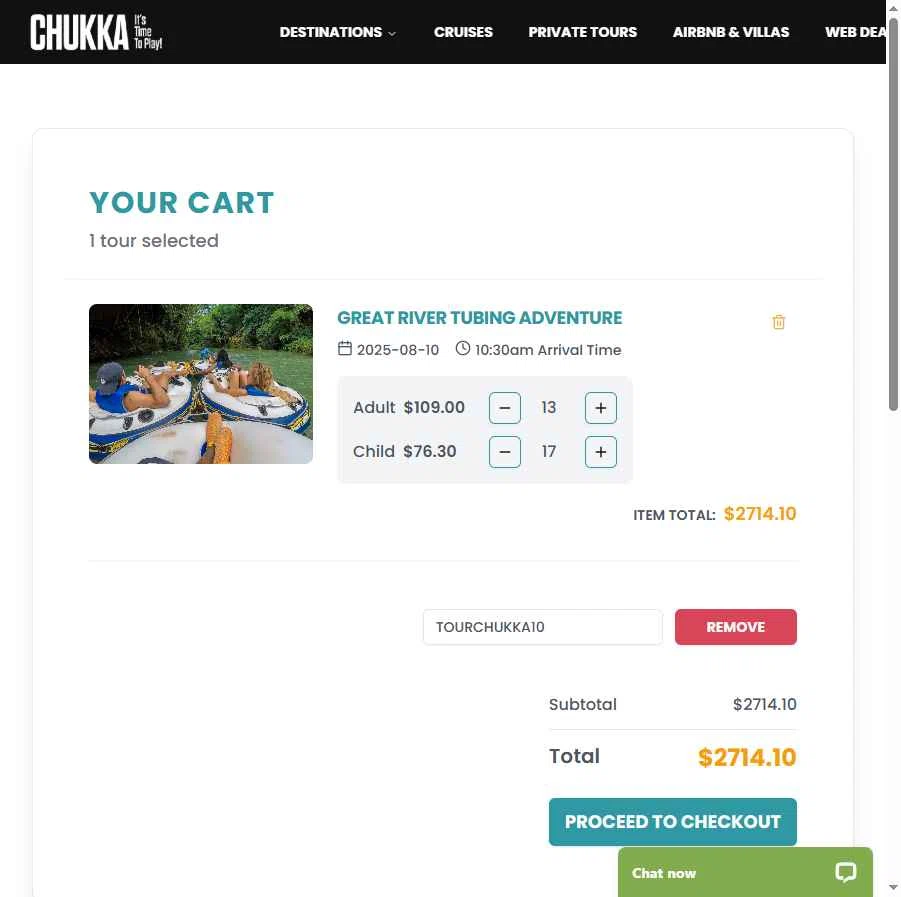 Chukka Adventure Tours checkout page showing Chukka Adventure Tours promo code box | Screenshot taken by SimplyCodes community member on Aug 10, 2025