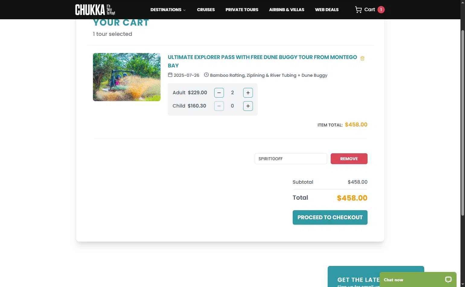 Chukka Adventure Tours checkout page showing Chukka Adventure Tours promo code box | Screenshot taken by SimplyCodes community member on Jul 1, 2025