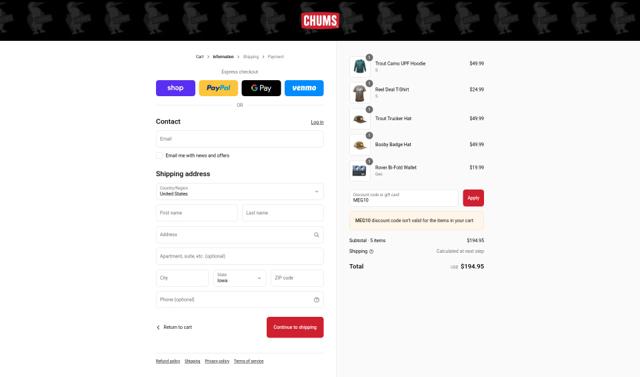 Chums checkout page showing Chums discount code box | Screenshot taken by SimplyCodes community member on Sep 4, 2025