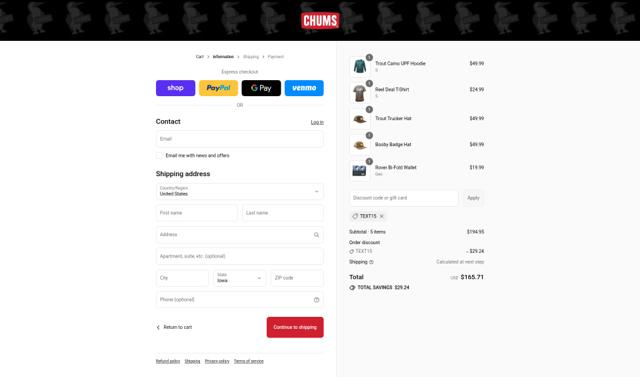 Chums checkout page showing Chums discount code box | Screenshot taken by SimplyCodes community member on Sep 4, 2025