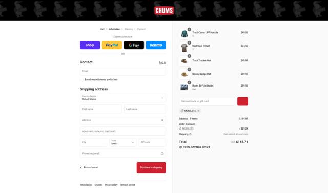 Chums checkout page showing Chums discount code box | Screenshot taken by SimplyCodes community member on Sep 4, 2025