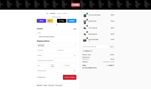Chums checkout page showing Chums discount code box | Screenshot taken by SimplyCodes community member on Sep 9, 2025