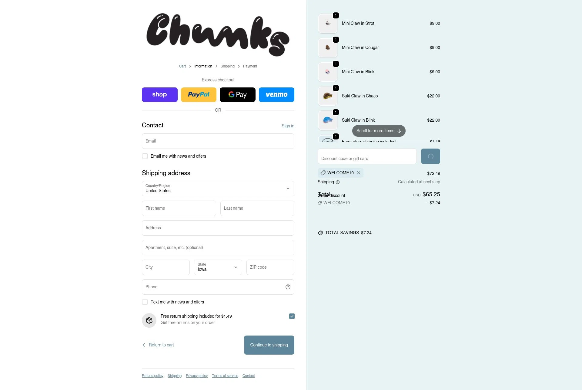 CHUNKS checkout page showing CHUNKS discount code box | Screenshot taken by SimplyCodes community member on Feb 25, 2026