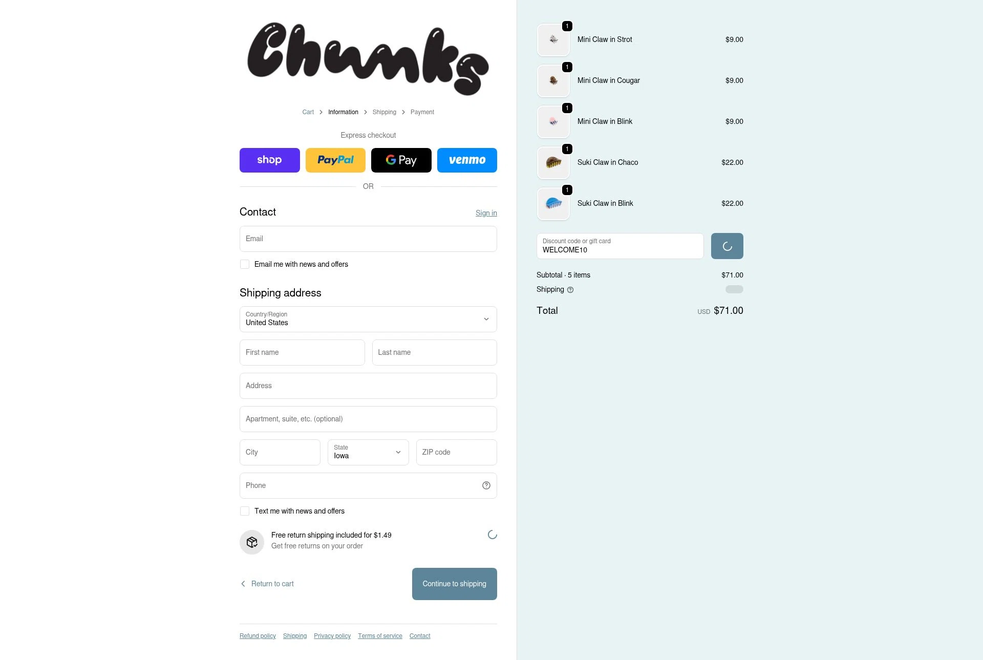 CHUNKS checkout page showing CHUNKS discount code box | Screenshot taken by SimplyCodes community member on Feb 20, 2026
