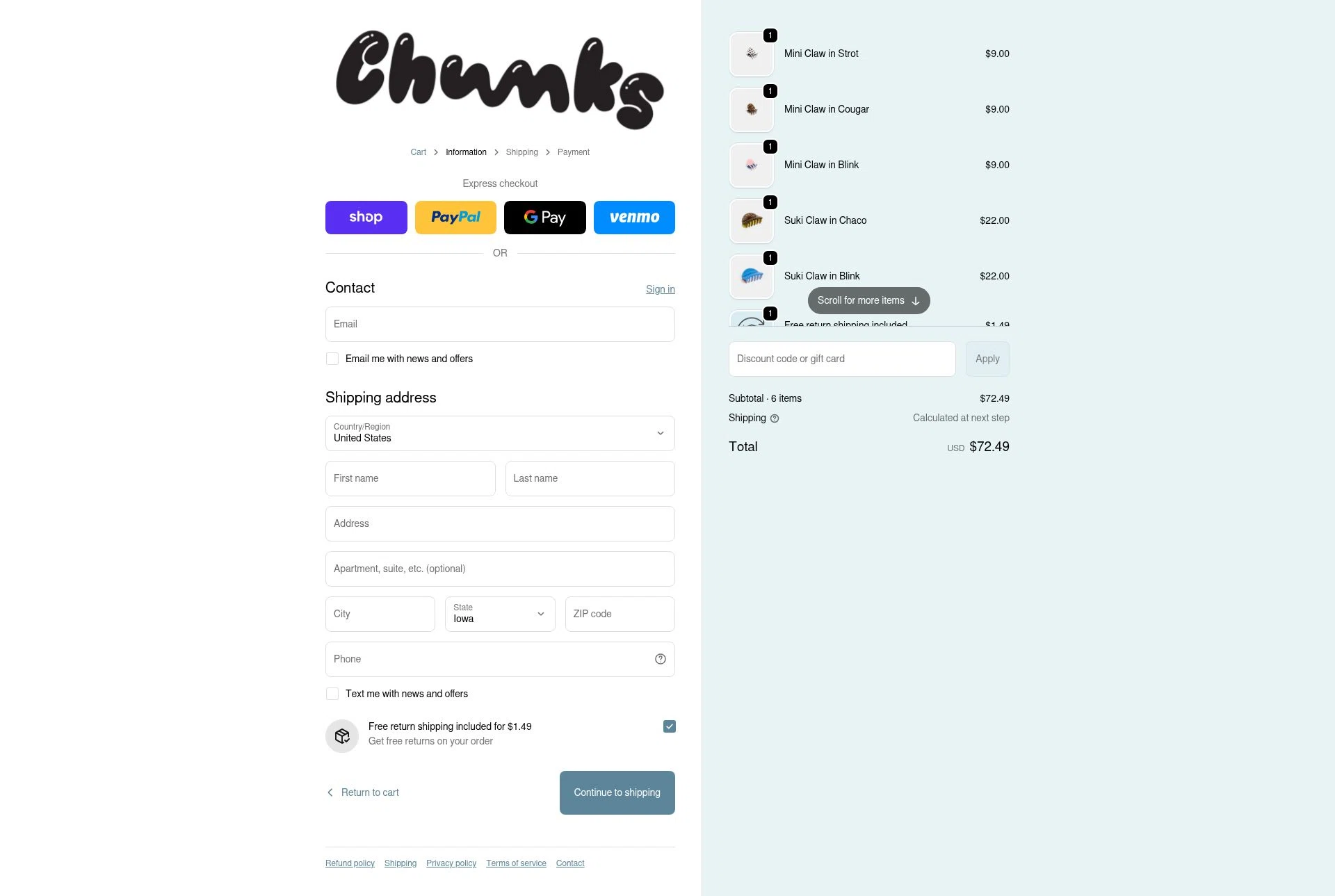 CHUNKS checkout page showing CHUNKS discount code box | Screenshot taken by SimplyCodes community member on Feb 16, 2026