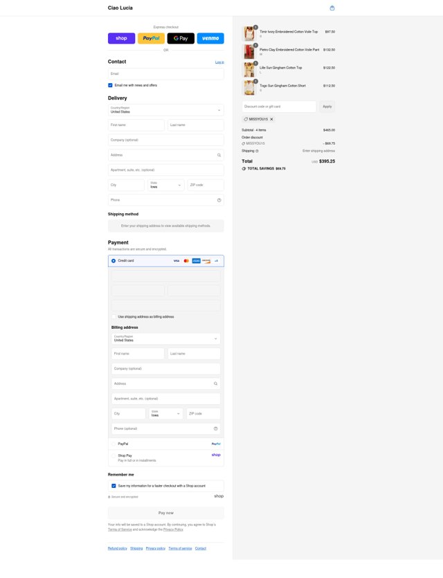 Ciao Lucia checkout page showing Ciao Lucia discount code box | Screenshot taken by SimplyCodes community member on Aug 28, 2025