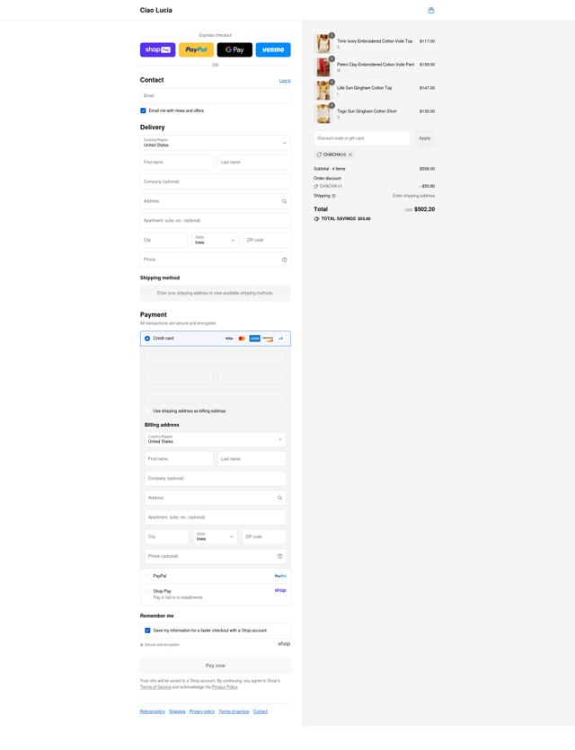 Ciao Lucia checkout page showing Ciao Lucia discount code box | Screenshot taken by SimplyCodes community member on Aug 24, 2025