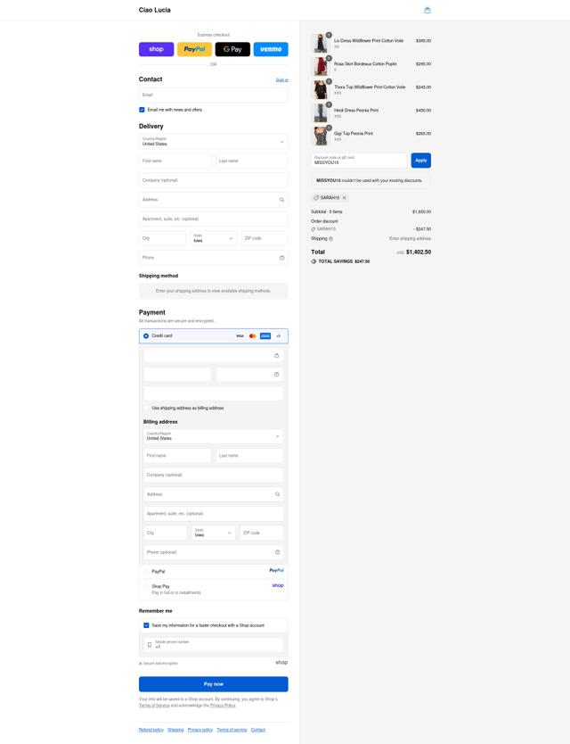 Ciao Lucia checkout page showing Ciao Lucia discount code box | Screenshot taken by SimplyCodes community member on Sep 10, 2025