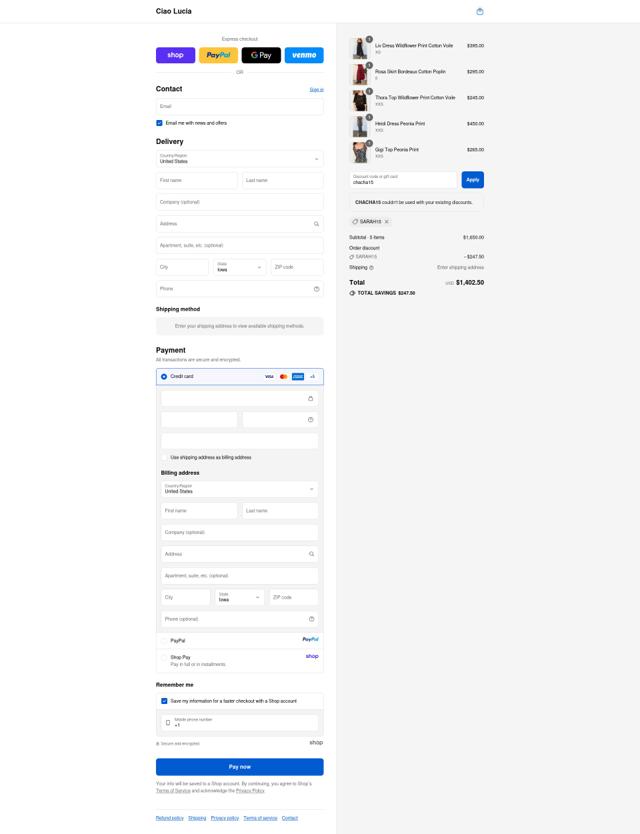 Ciao Lucia checkout page showing Ciao Lucia discount code box | Screenshot taken by SimplyCodes community member on Sep 10, 2025