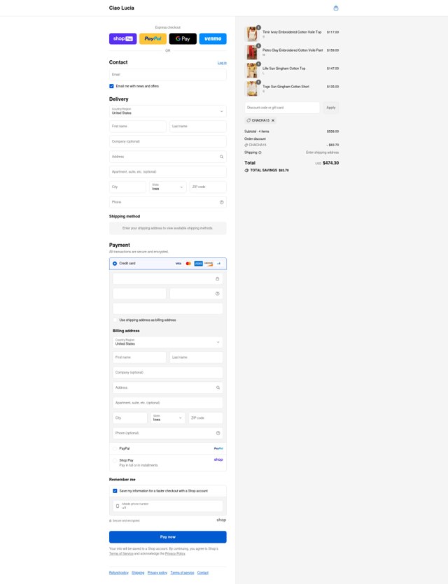Ciao Lucia checkout page showing Ciao Lucia discount code box | Screenshot taken by SimplyCodes community member on Aug 24, 2025